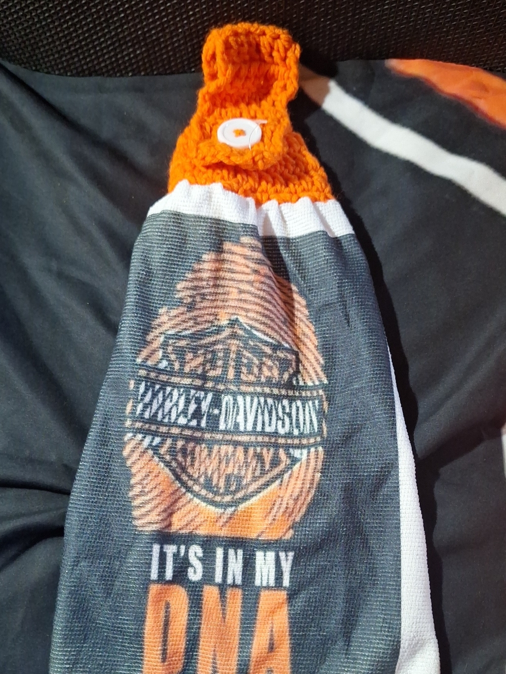 Artisan Made Harley-Davidson Themed Black, Orange &White Kitchen Towel